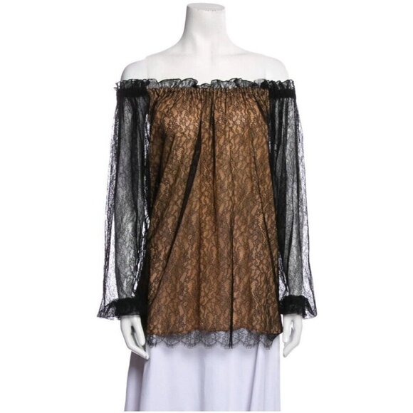 $1295 MICHAEL KORS Made in Italy Black Lace Nude Off the Shoulder Shirt Top 6 - Picture 1 of 16